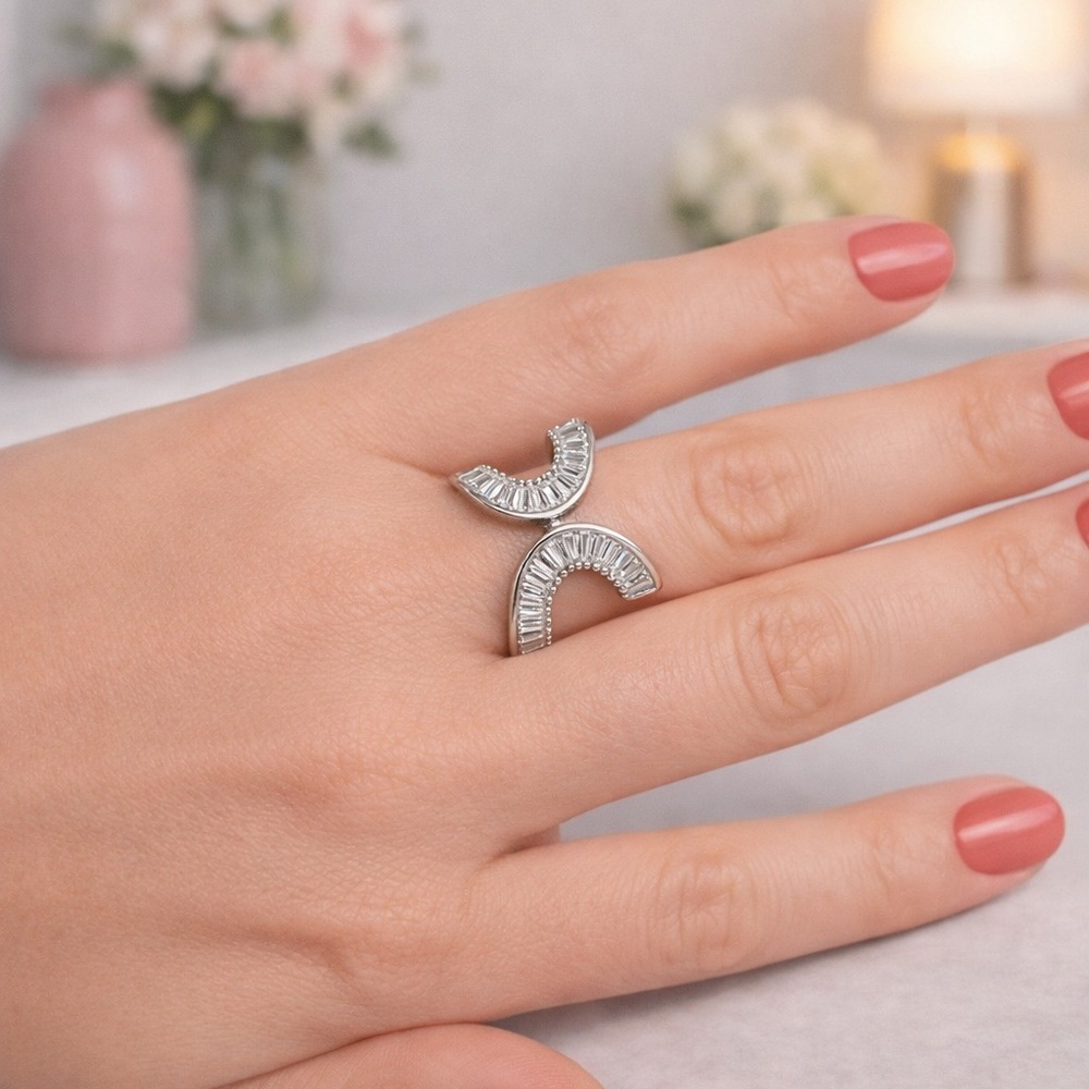 Express Silver Tone Open X Ring with Baguette Accents (BR555)